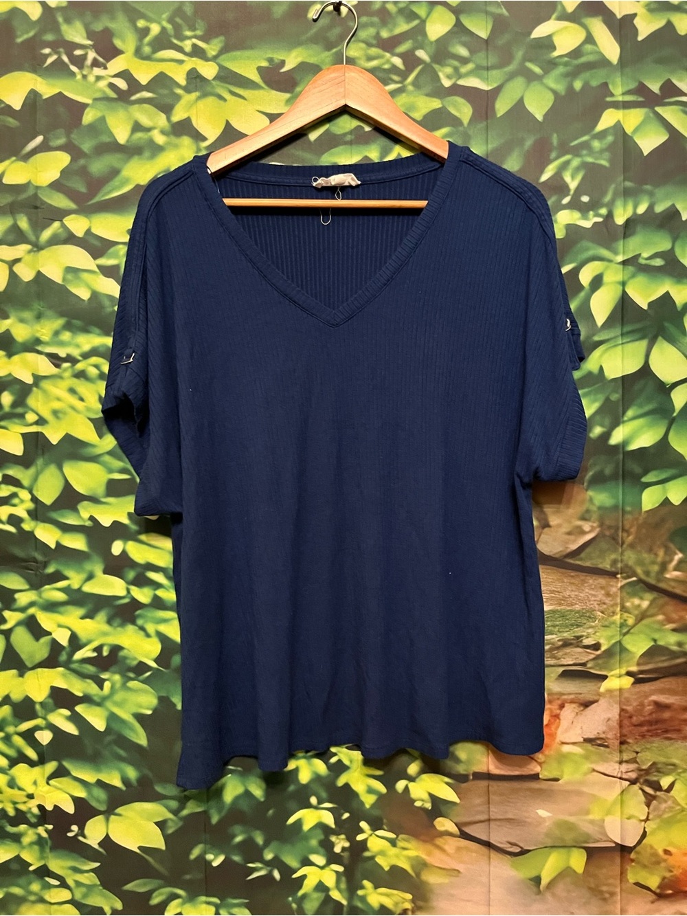 Source Unknown Ribbed V-Neck Short Sleeve Top - Navy